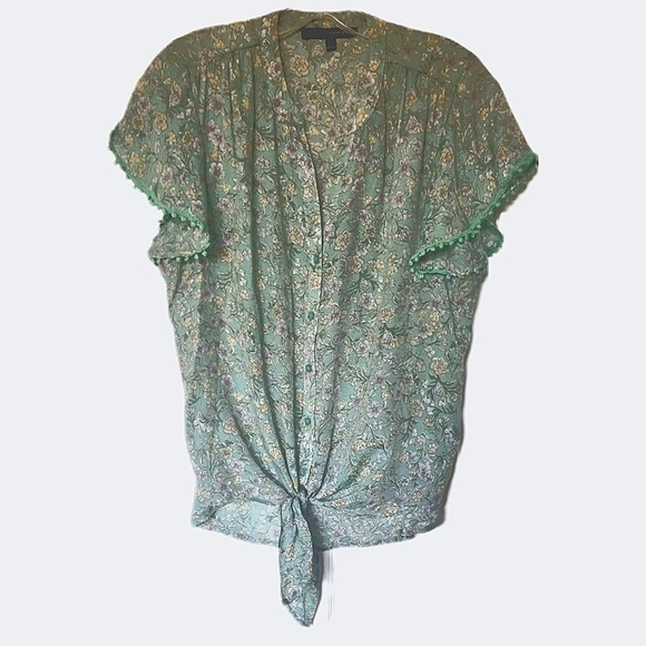 Harve Benard mint green floral Blouse button front bottom tie Size L. - Picture 4 of 7